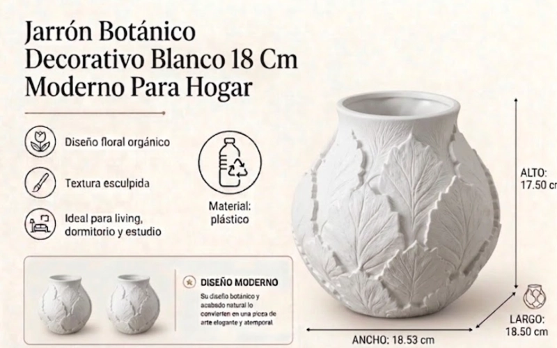 JARRON BOTANICO DECORATIVO BLANCO 18 CM MODERNO PARA HOGAR - 2