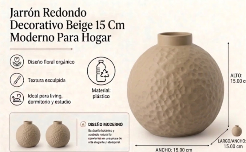 JARRON REDONDO DECORATIVO BEIGE 15 CM MODERNO PARA HOGAR - 2
