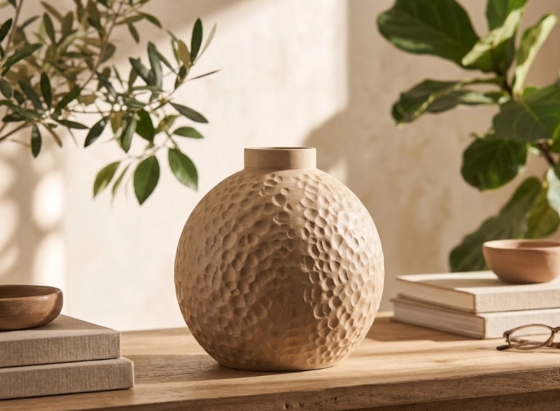 JARRON REDONDO DECORATIVO BEIGE 15 CM MODERNO PARA HOGAR - 3