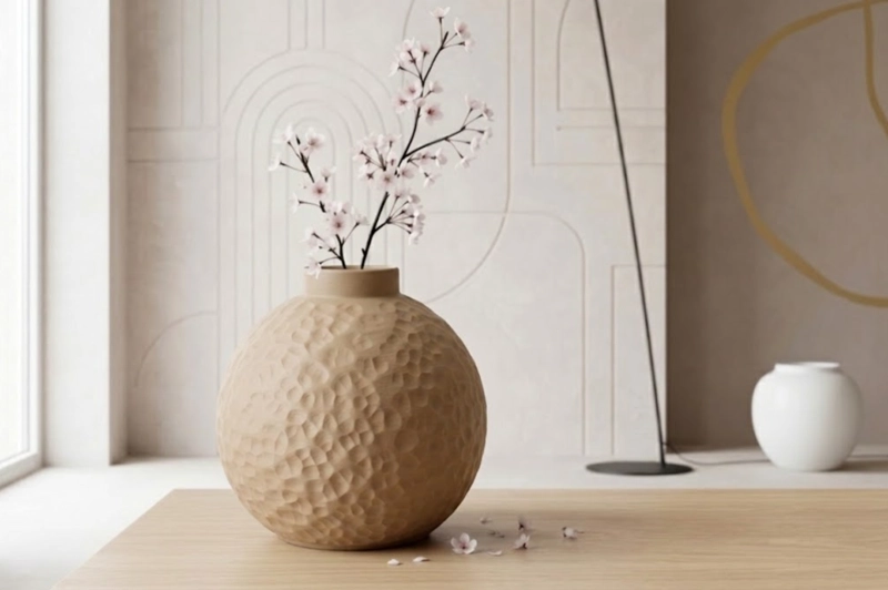 JARRON REDONDO DECORATIVO BEIGE 15 CM MODERNO PARA HOGAR - 5