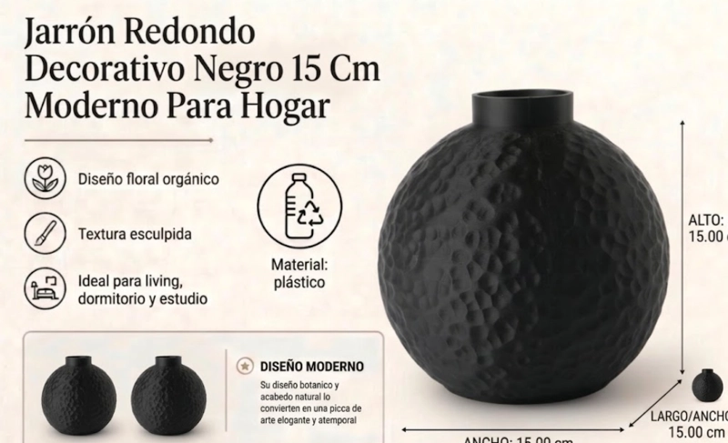 JARRON REDONDO DECORATIVO NEGRO 15 CM MODERNO PARA HOGAR - 2