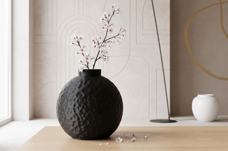 JARRON REDONDO DECORATIVO NEGRO 15 CM MODERNO PARA HOGAR - 3