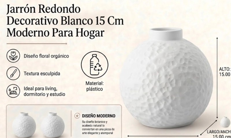 JARRON REDONDO DECORATIVO BLANCO 15 CM MODERNO PARA HOGAR - 2