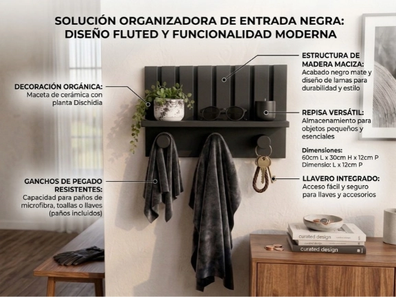 ORGANIZADOR DE ENTRADA CON PANEL DE MADERA Y GANCHOS PARA LLAVES - 2