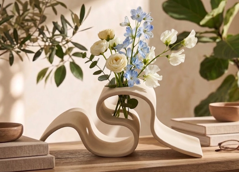 FLORERO ONDULADO BEIGE 6 CM MINIMALISTA PARA HOGAR - 1