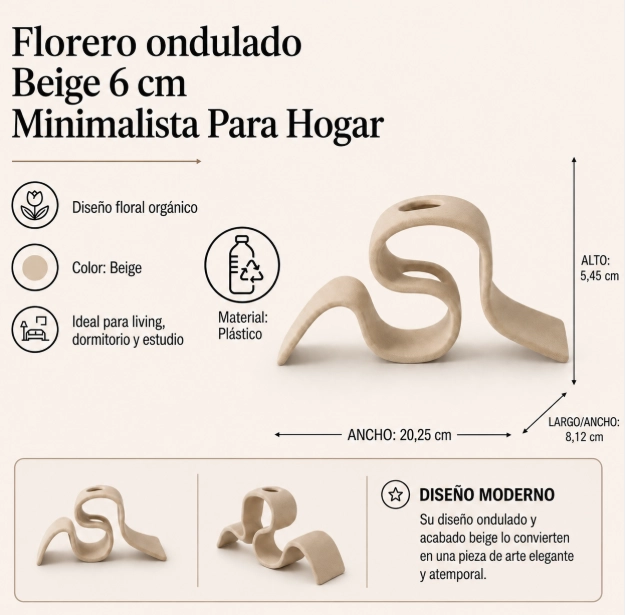 FLORERO ONDULADO BEIGE 6 CM MINIMALISTA PARA HOGAR - 2