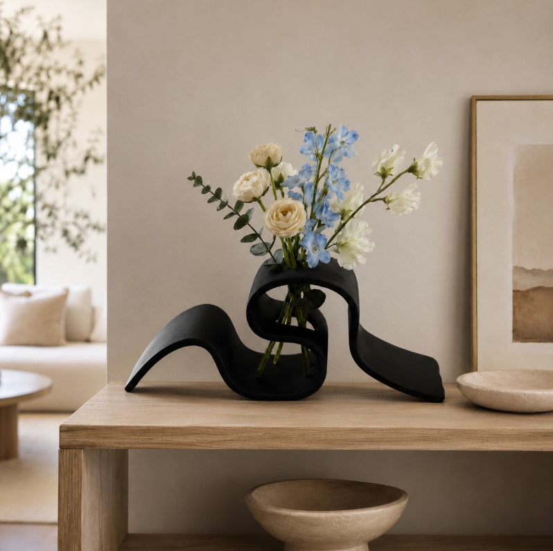 FLORERO ONDULADO NEGRO 6 CM MINIMALISTA PARA HOGAR - 1