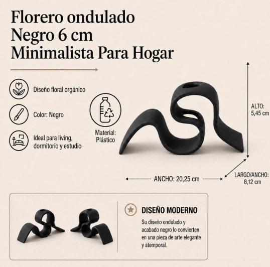 FLORERO ONDULADO NEGRO 6 CM MINIMALISTA PARA HOGAR - 2
