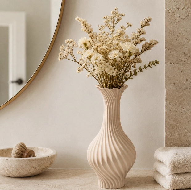FLORERO LINEAS FLUIDAS BEIGE 18 CM ELEGANTE PARA HOGAR - 1