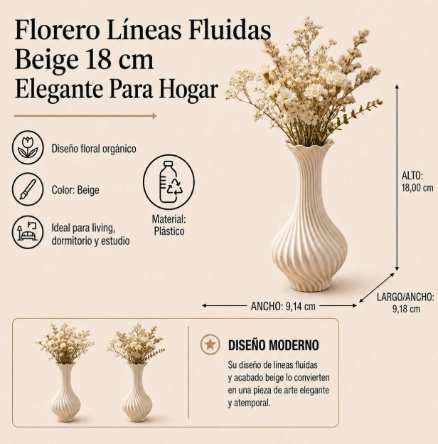 FLORERO LINEAS FLUIDAS BEIGE 18 CM ELEGANTE PARA HOGAR - 2
