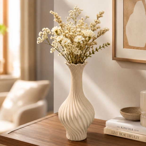 FLORERO LINEAS FLUIDAS BEIGE 18 CM ELEGANTE PARA HOGAR - 3