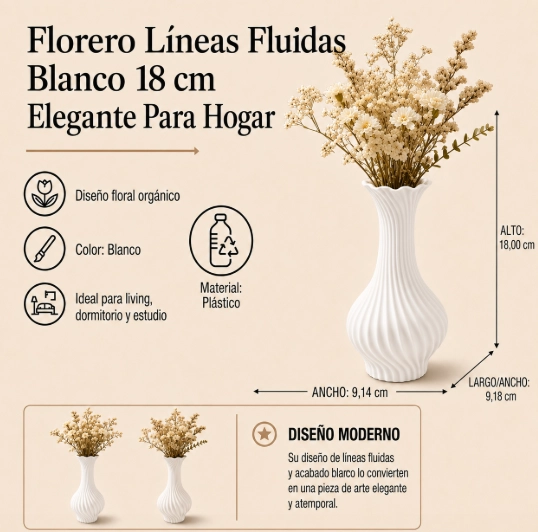 FLORERO LINEAS FLUIDAS BLANCO 18 CM ELEGANTE PARA HOGAR - 2