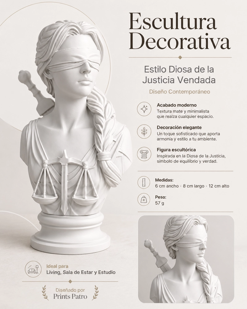 ESCULTURA ELEGANTE PRINTS PATRO - DIOSA DE LA JUSTICIA VENDADA BLANCA - 3
