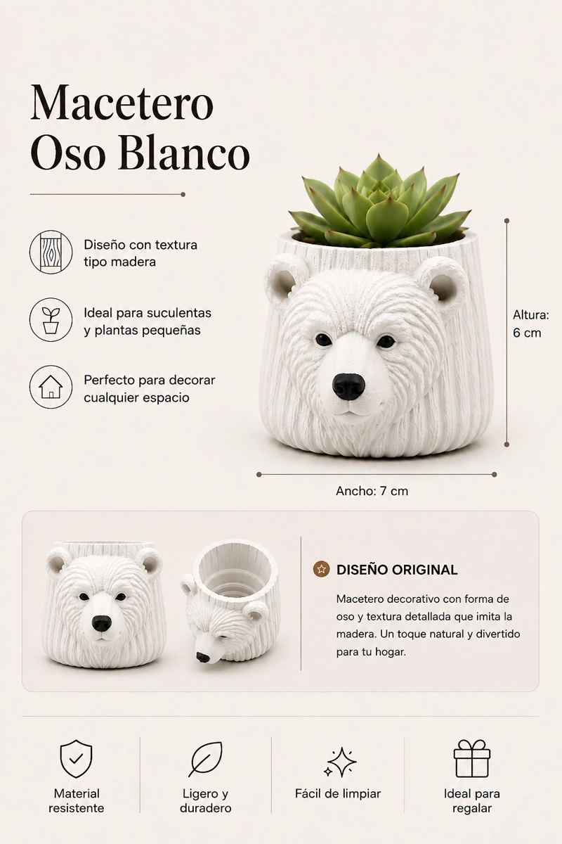 MACETERO DECORATIVO HOGAR- FORMA OSO 6 CM BLANCO - 2