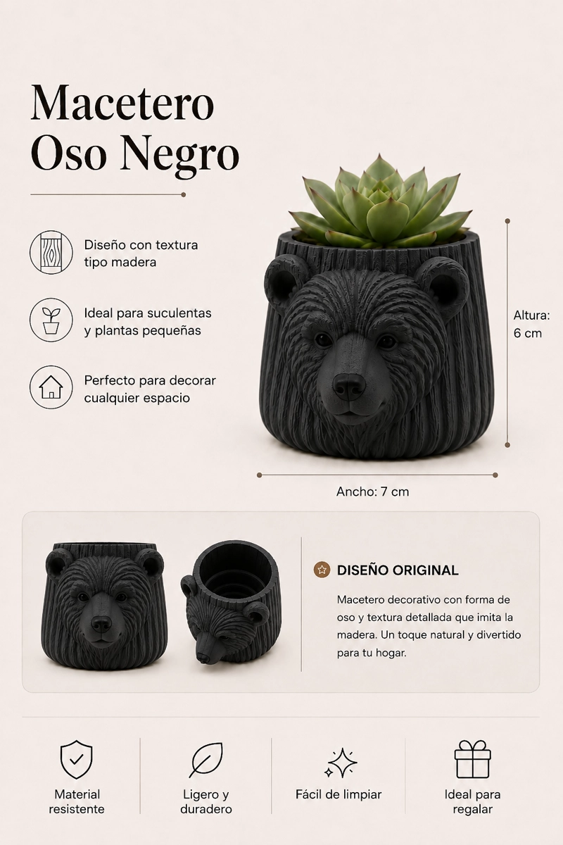 MACETERO DECORATIVO HOGAR- FORMA OSO 6 CM NEGRO - 2