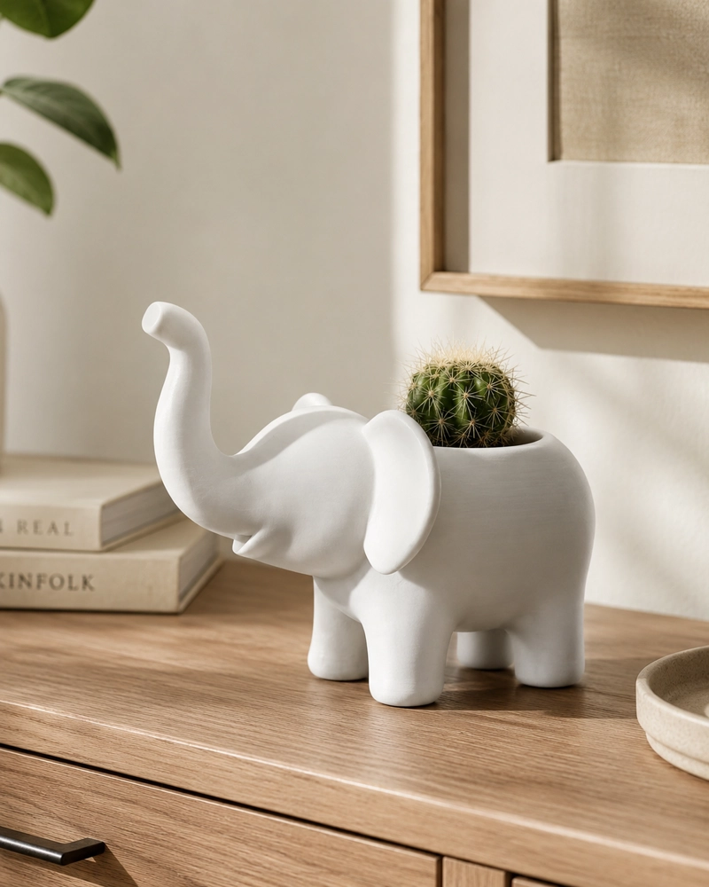 MACETERO DECORATIVO HOGAR- FORMA ELEFANTE 10 CM BLANCO - 1