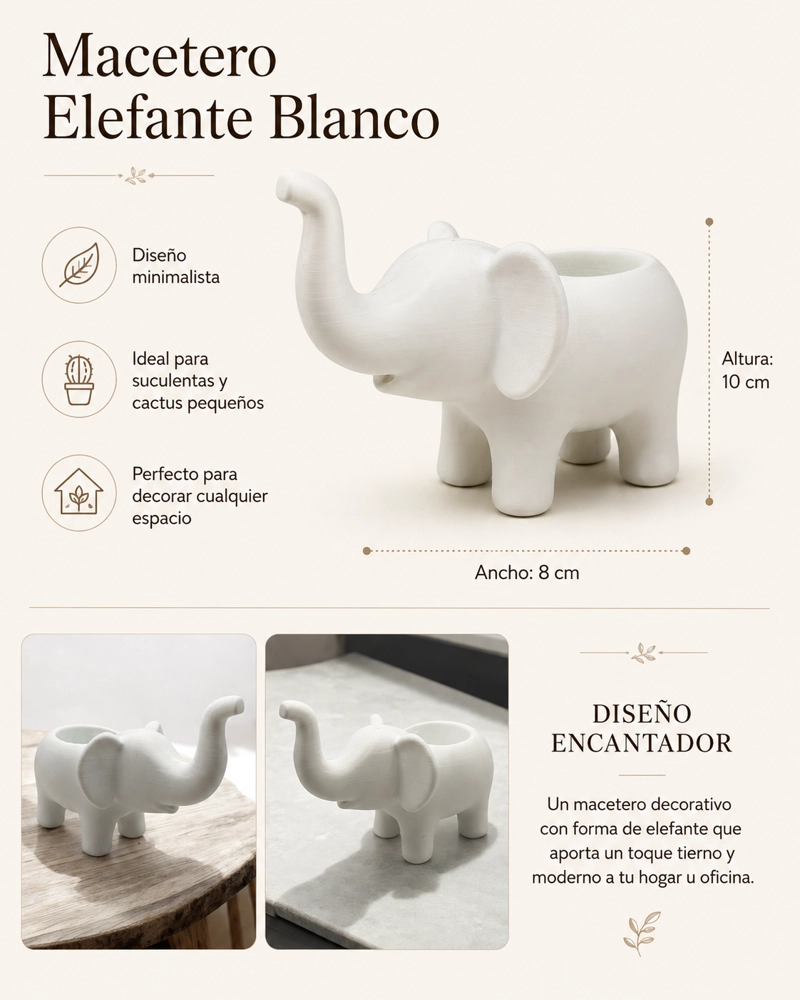 MACETERO DECORATIVO HOGAR- FORMA ELEFANTE 10 CM BLANCO - 2