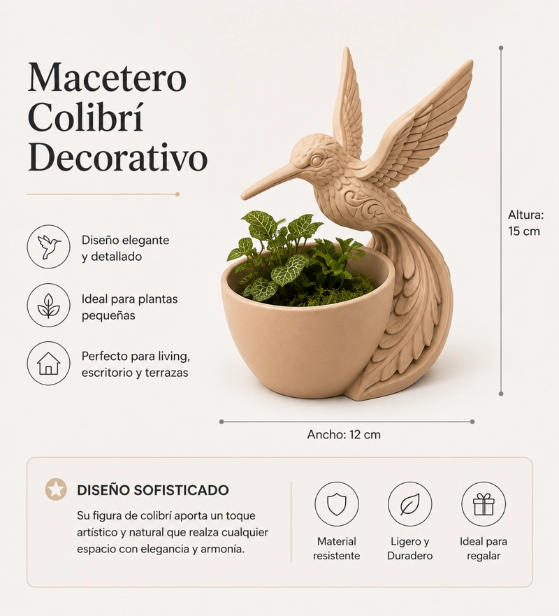 MACETERO DECORATIVO HOGAR- FORMA COLIBRI 15 CM BLANCO - 2