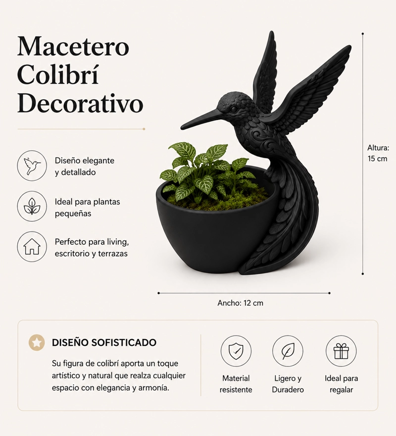 MACETERO DECORATIVO HOGAR- FORMA COLIBRI 15 CM NEGRO - 2