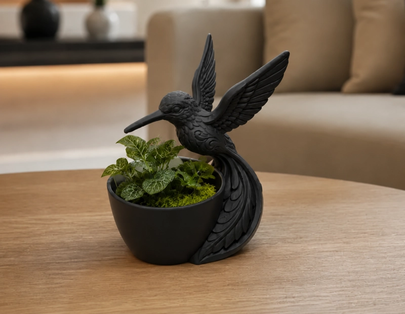MACETERO DECORATIVO HOGAR- FORMA COLIBRI 15 CM NEGRO - 3