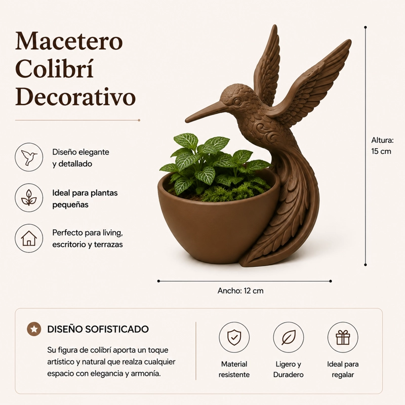MACETERO DECORATIVO HOGAR- FORMA COLIBRI 15 CM MARRON - 2