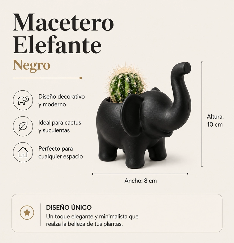 MACETERO DECORATIVO HOGAR- FORMA ELEFANTE 10 CM NEGRO - 2