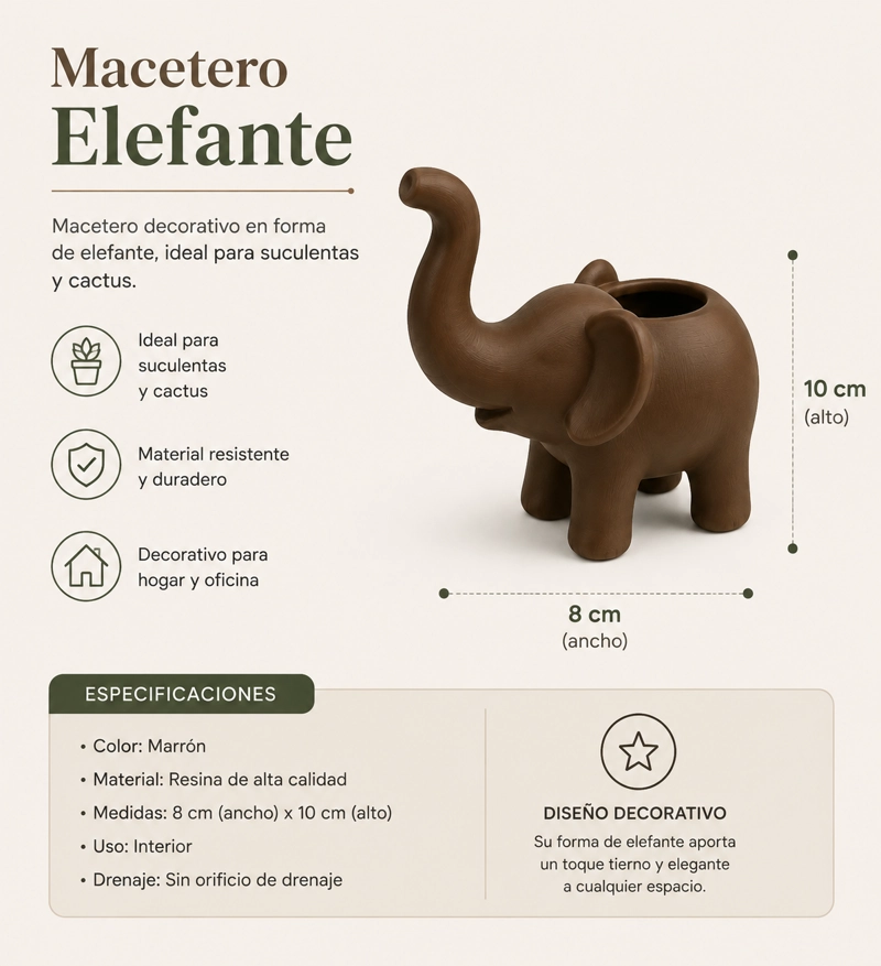 MACETERO DECORATIVO HOGAR- FORMA ELEFANTE 10 CM MARRON - 2