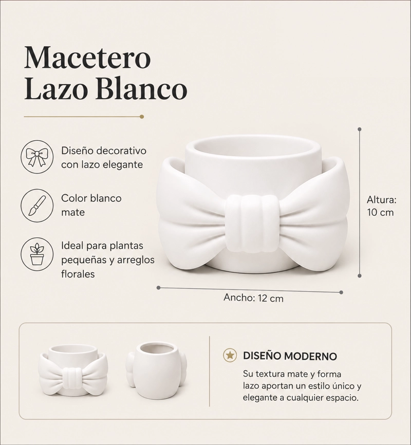 MACETERO DECORATIVO HOGAR- FORMA LAZO 9 CM BLANCO - 2
