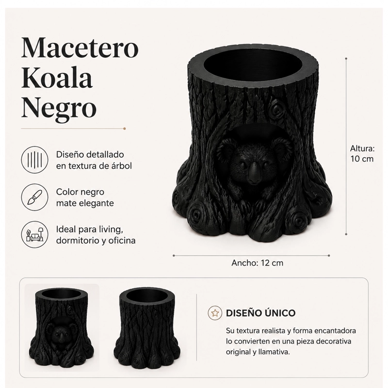 MACETERO DECORATIVO HOGAR- FORMA KOALA 10 CM NEGRO - 2