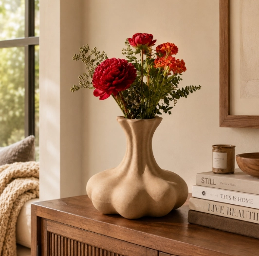 JARRON ESCULTURAL BEIGE 14 CM DECORATIVO PARA HOGAR - 1