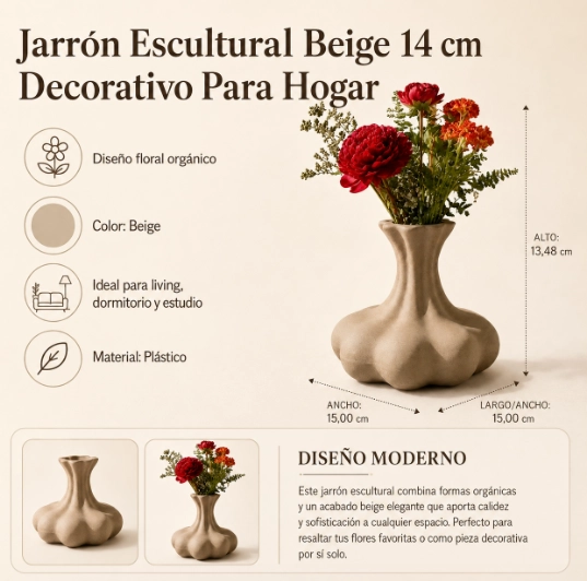 JARRON ESCULTURAL BEIGE 14 CM DECORATIVO PARA HOGAR - 2