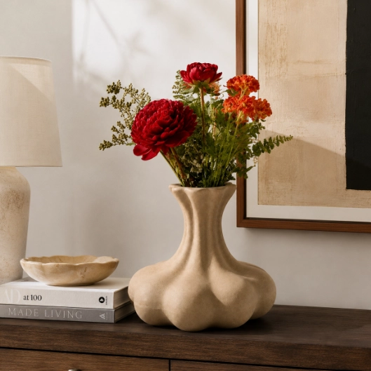 JARRON ESCULTURAL BEIGE 14 CM DECORATIVO PARA HOGAR - 4