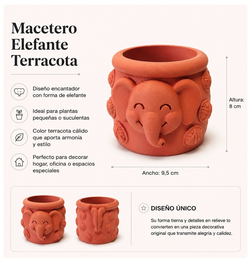 MACETERO DECORATIVO HOGAR- FORMA ELEFANTE TROMPITA 8 CM NARANJO - 2