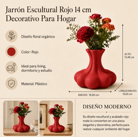 JARRON ESCULTURAL ROJO 14 CM DECORATIVO PARA HOGAR - 2
