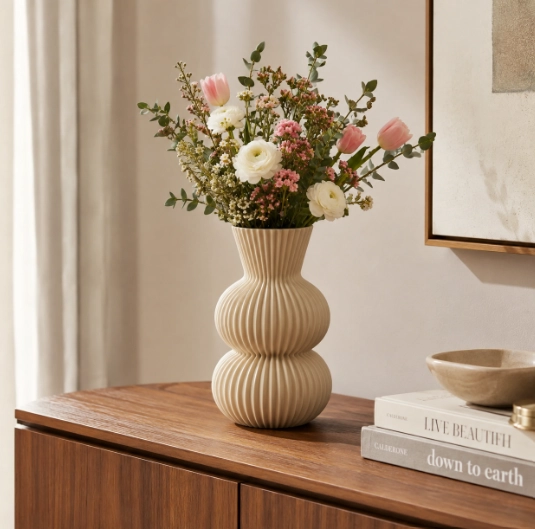 FLORERO ESTRIADO BEIGE 20 CM MODERNO PARA HOGAR - 1