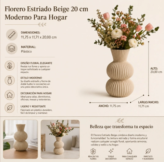 FLORERO ESTRIADO BEIGE 20 CM MODERNO PARA HOGAR - 2