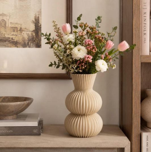FLORERO ESTRIADO BEIGE 20 CM MODERNO PARA HOGAR - 3