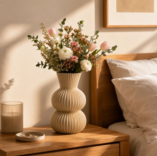 FLORERO ESTRIADO BEIGE 20 CM MODERNO PARA HOGAR - 4