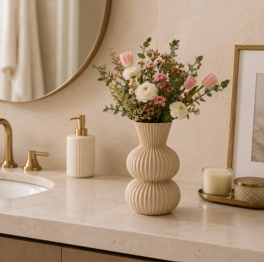 FLORERO ESTRIADO BEIGE 20 CM MODERNO PARA HOGAR - 5