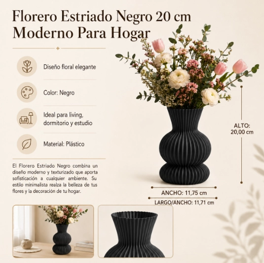 FLORERO ESTRIADO NEGRO 20 CM MODERNO PARA HOGAR - 2