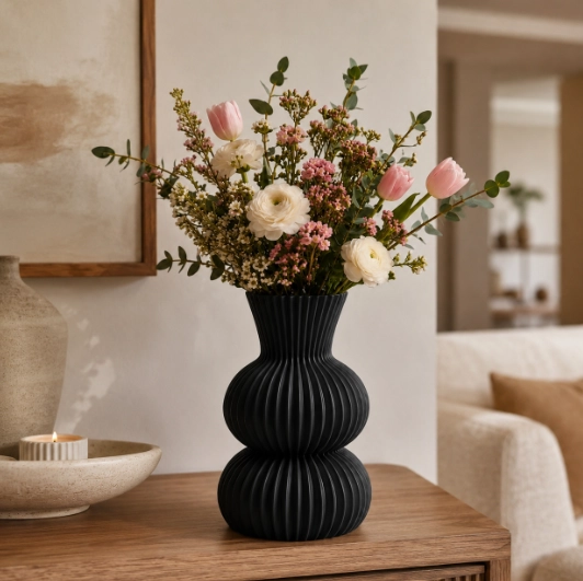 FLORERO ESTRIADO NEGRO 20 CM MODERNO PARA HOGAR - 3