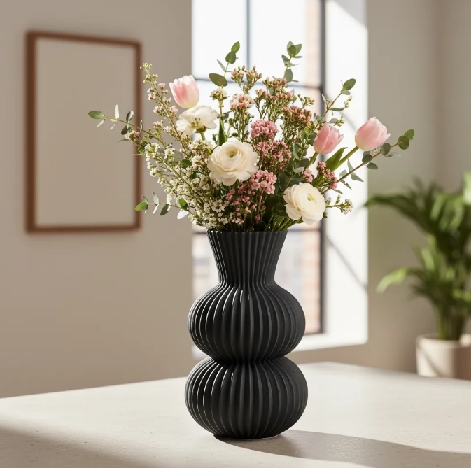FLORERO ESTRIADO NEGRO 20 CM MODERNO PARA HOGAR - 5