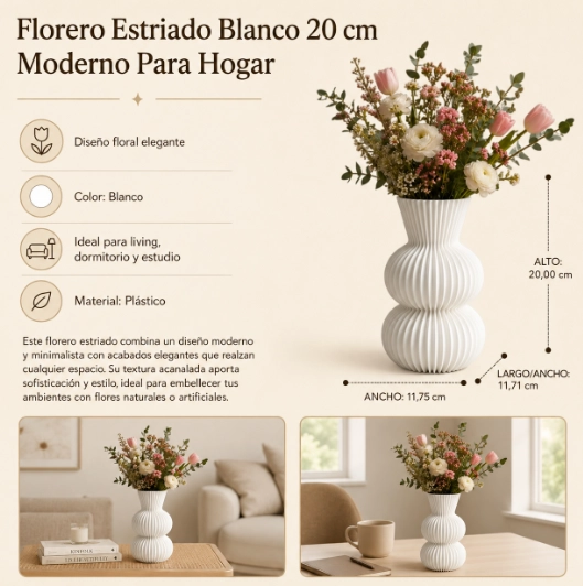 FLORERO ESTRIADO BLANCO 20 CM MODERNO PARA HOGAR - 2