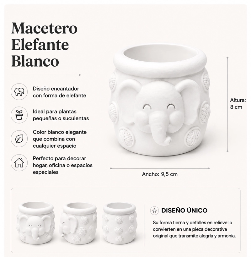MACETERO DECORATIVO HOGAR- FORMA ELEFANTE TROMPITA 8 CM BLANCO - 2