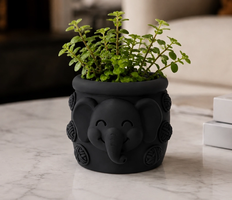 MACETERO DECORATIVO HOGAR- FORMA ELEFANTE TROMPITA 8 CM NEGRO - 1
