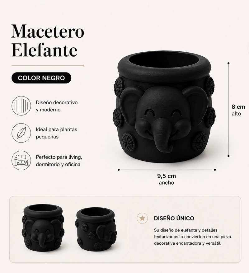 MACETERO DECORATIVO HOGAR- FORMA ELEFANTE TROMPITA 8 CM NEGRO - 2