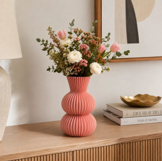 FLORERO ESTRIADO ROSA 20 CM MODERNO PARA HOGAR - 1