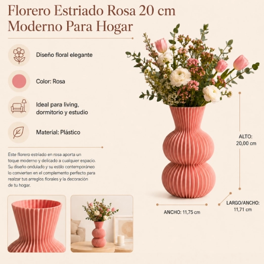FLORERO ESTRIADO ROSA 20 CM MODERNO PARA HOGAR - 2