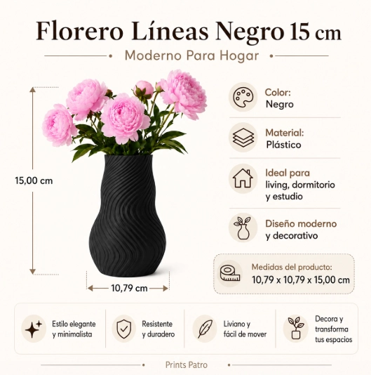 FLORERO LINEAS NEGRO 15 CM MODERNO PARA HOGAR - 2