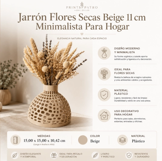 JARRON FLORES SECAS BEIGE 11 CM MINIMALISTA PARA HOGAR - 2